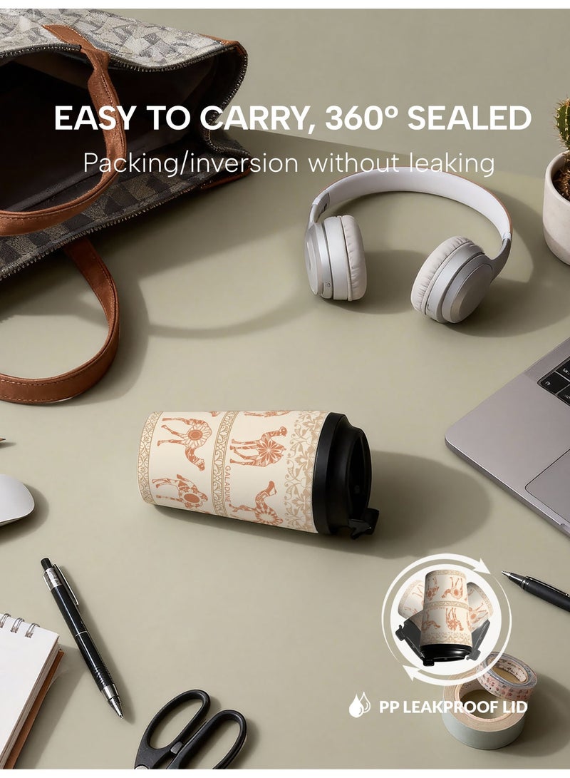 جالادون كوب قهوة للسفر من الفولاذ المقاوم للصدأ بسعة 12 أونصة، كوب محمول معزول حرارياً بتقنية التفريغ، كوب قهوة مانع للتسرب للمشروبات الباردة والساخنة، تصميم بسيط بلون الجمل، مناسب للمنزل والمكتب والاستخدامات الخارجية. - Image 5